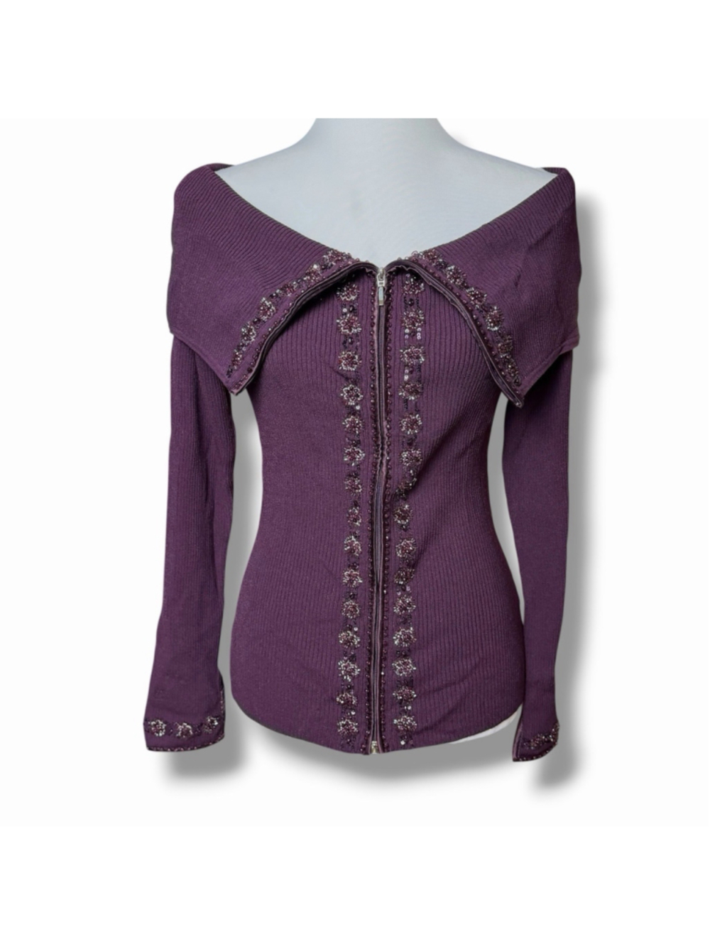 Cache Y2K 90s Purple M Gabrielle Solis Off Shoulder Beaded Zip Up Sweater Ribbed - Picture 3 of 16